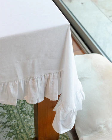 Linen/Cotton Tablecloth with Ruffle, White